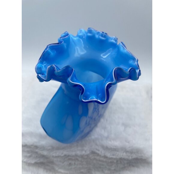 Vintage Hand-Blown Vase Bright Sky Blue and White Accents, Ruffled Edge - Picture 6 of 10